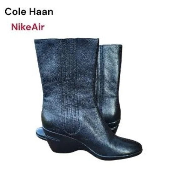 Cole Haan Nike Air Kiersten Black Leather Calf High Wedge Heel Boot Shoe Women 7 - Picture 6 of 12
